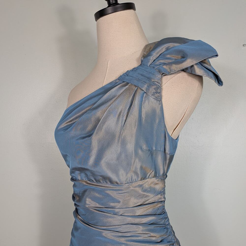 Rickie Freeman Teri Jon Prom Dress Maxi Gown 6 Blue Metallic Shoulder Formal - Picture 2 of 10